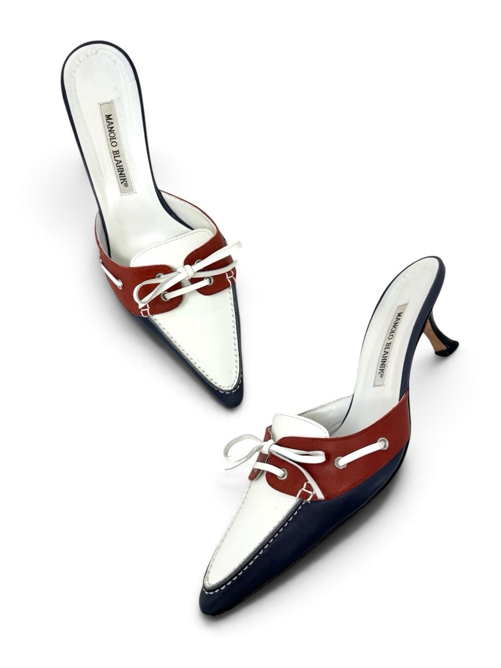Vintage Manolo Blahnik Y2K Red White Blue Lace Up Mules Kitten Heels Shoes 40.5